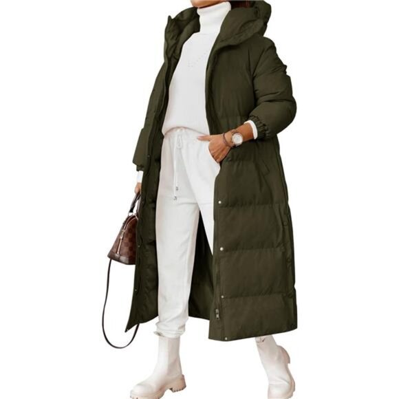 Women's Long Quilted Coat Winter Hooded Button Down Puffer Padded Jacket - Picture 2 of 5